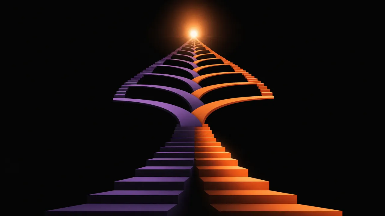 Abstract illustration of two parallel ascending paths, one in shadow and one brightly lit, reaching the same glowing horizon point