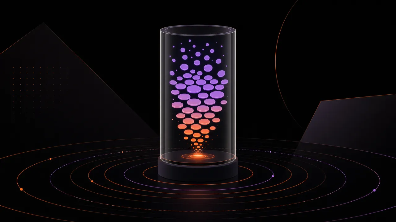 Abstract illustration of a transparent container with layered glowing particles multiplying upward from a small base, representing the compounding growth of claimed match contributions