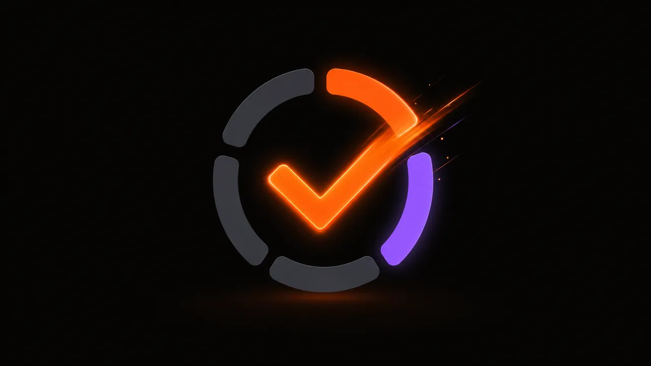 Abstract illustration of a checkmark forming quickly inside a bright circular progress ring