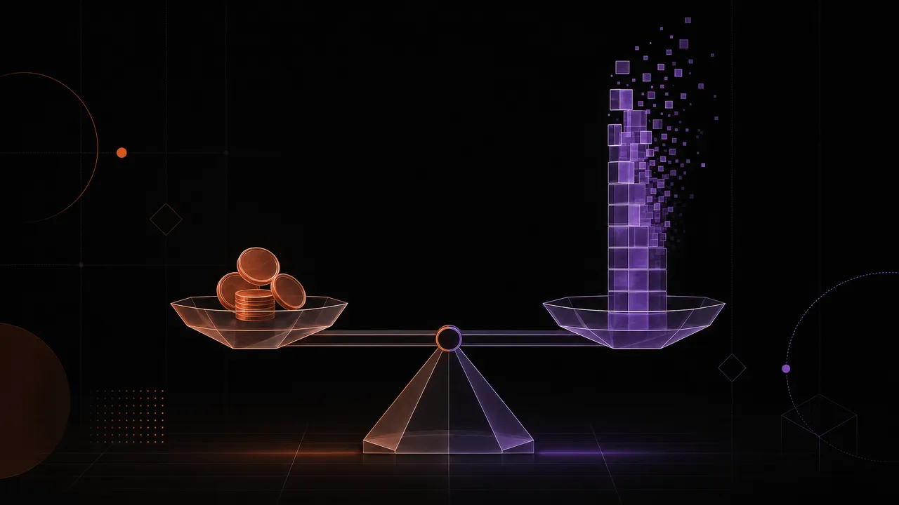 Abstract illustration of two translucent geometric scales in balance — a small coin cluster on one side and a tall column of dissolving interest blocks on the other