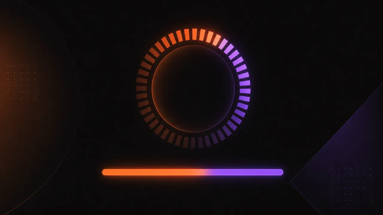 Abstract illustration of a circular countdown dial with geometric light segments around its rim and a single bright horizontal progress bar below