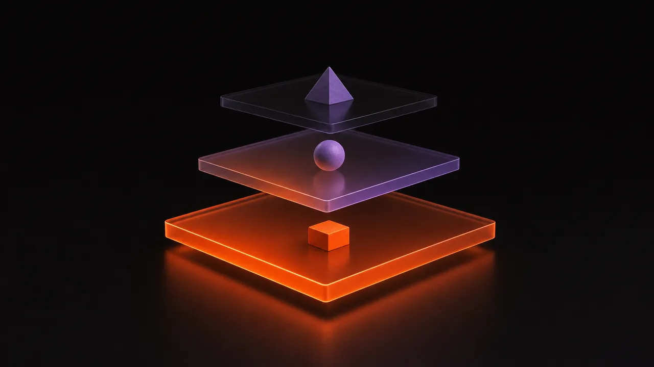 Abstract illustration of three stacked translucent platforms — the bottom layer solid and brightly lit, the middle half-lit, the top faint — representing tiered spending priorities