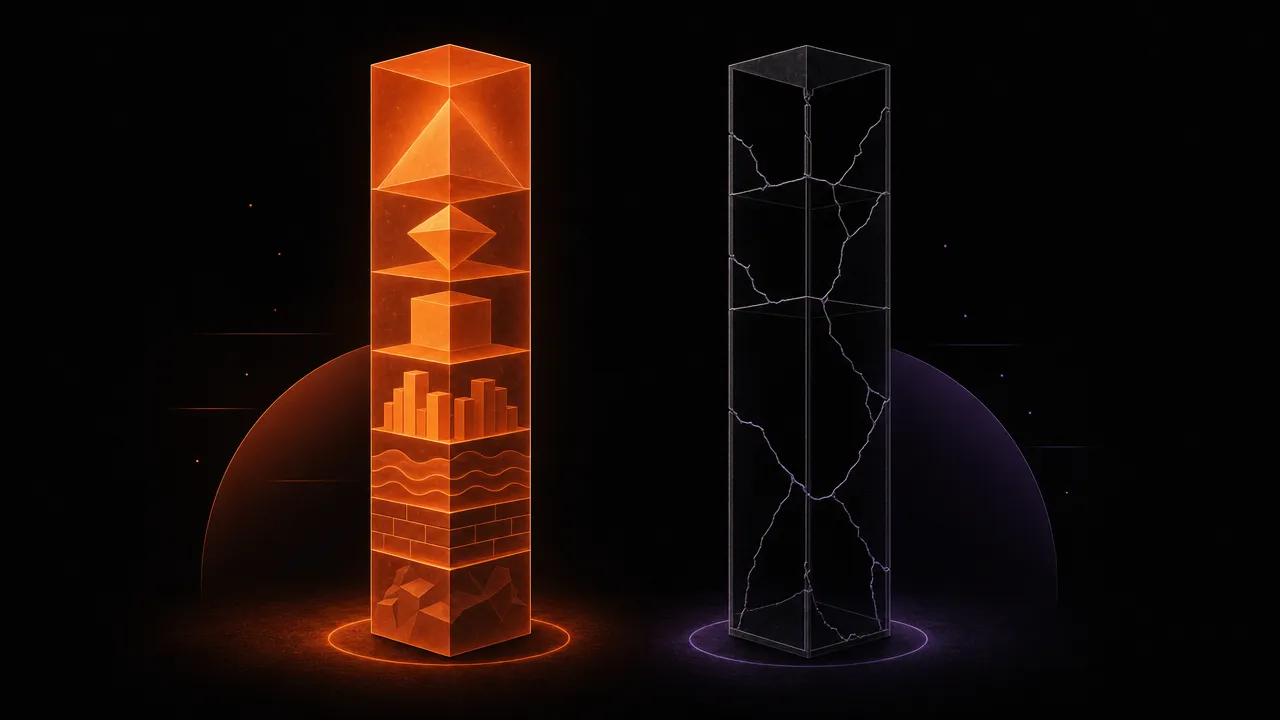 Abstract illustration of two identical-height pillars side by side — the left solid and glowing from within with stacked geometric layers, the right hollow and fragile with thin walls — representing the same income but very different net worth beneath the surface