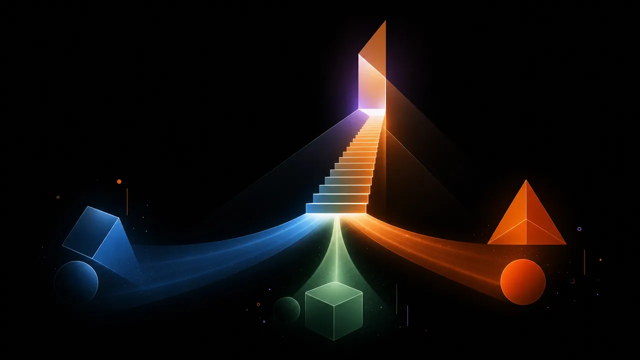 Abstract illustration of three converging luminous beams from different angles meeting at a single ascending staircase — one blue beam for debt reduction, one amber for asset growth, one soft green for emergency buffer — all merging into a rising geometric path