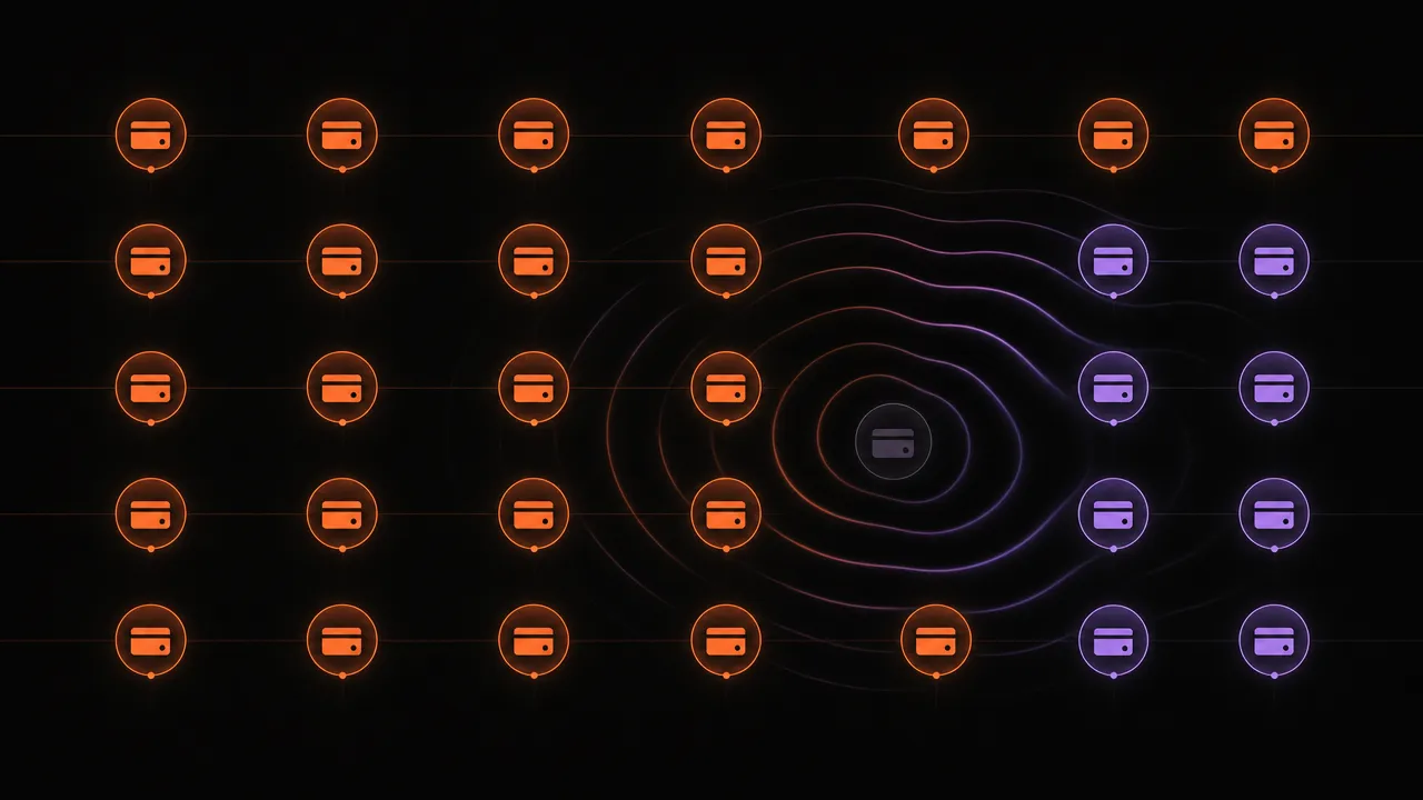 Abstract calendar grid of payment nodes with one dim late payment ripple
