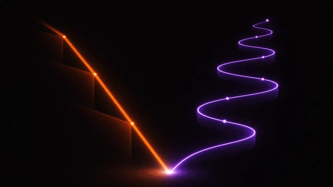 Abstract illustration of two payoff paths crossing a dark field toward a single glowing endpoint