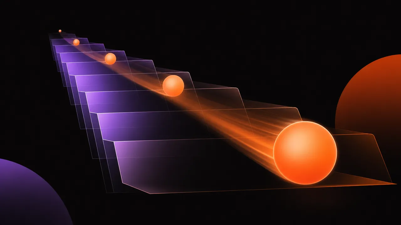 Abstract illustration of a small glowing orb growing larger as it rolls down a staircase