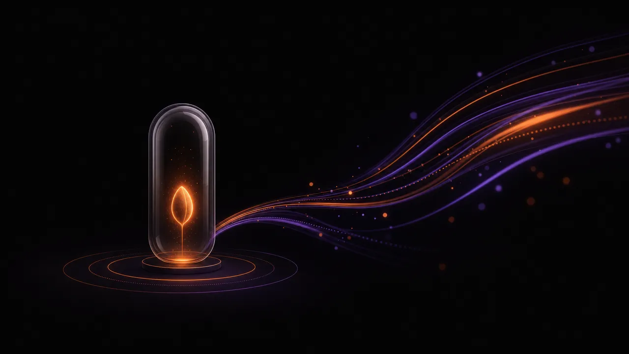 Abstract illustration of a small glowing seed sealed inside a translucent capsule
