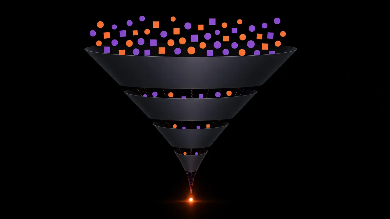 A wide geometric funnel shape viewed from the side, identical small shapes entering from the broad top and emerging fewer at the narrow bottom, each stage quietly removing some — representing value lost to fees at every level