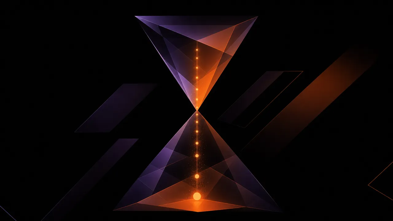Abstract hourglass formed from overlapping translucent panels with a glowing timeline descending within, representing a financial countdown to a specific deadline