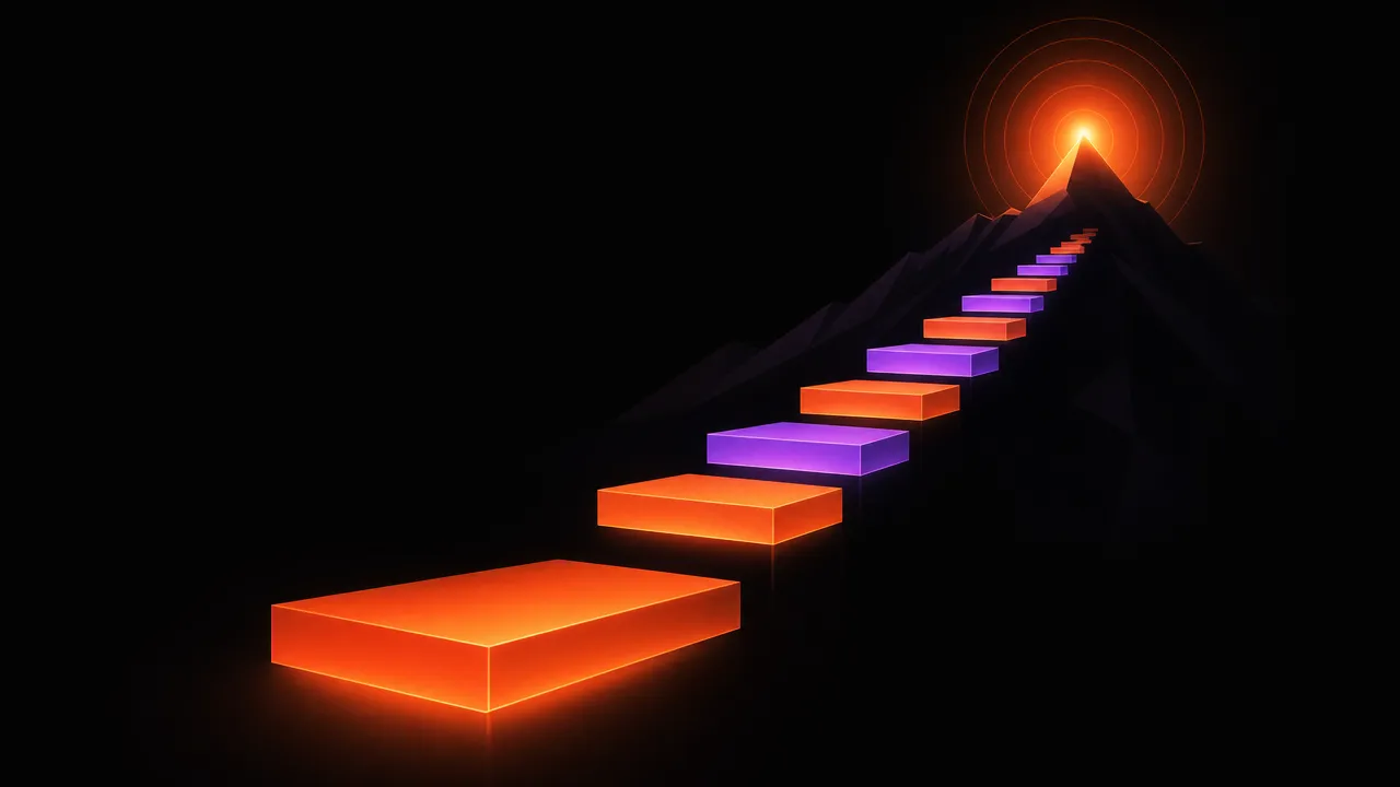 Ascending geometric blocks lit from within, rising like a staircase toward a glowing peak, representing steady monthly progress toward a financial goal