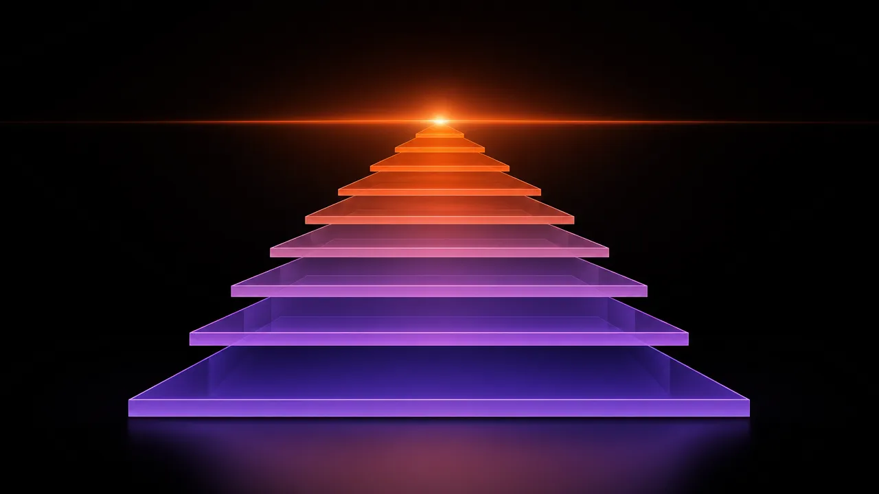 Abstract illustration of stacked translucent geometric layers ascending like a stepped pyramid toward a glowing horizon line, representing compound growth over time
