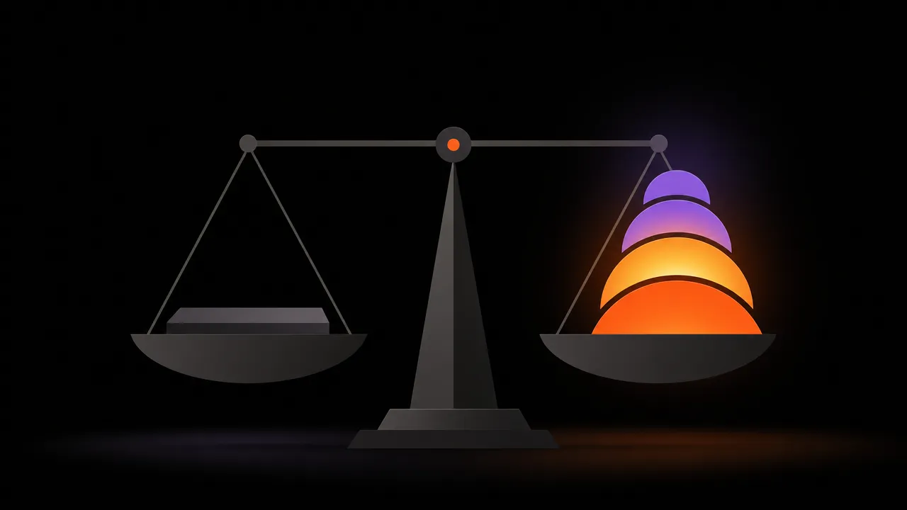 Abstract illustration of a balanced scale made of clean geometric shapes, one side holding a dim flat rectangular slab and the other glowing with stacked bright arcs representing higher returns
