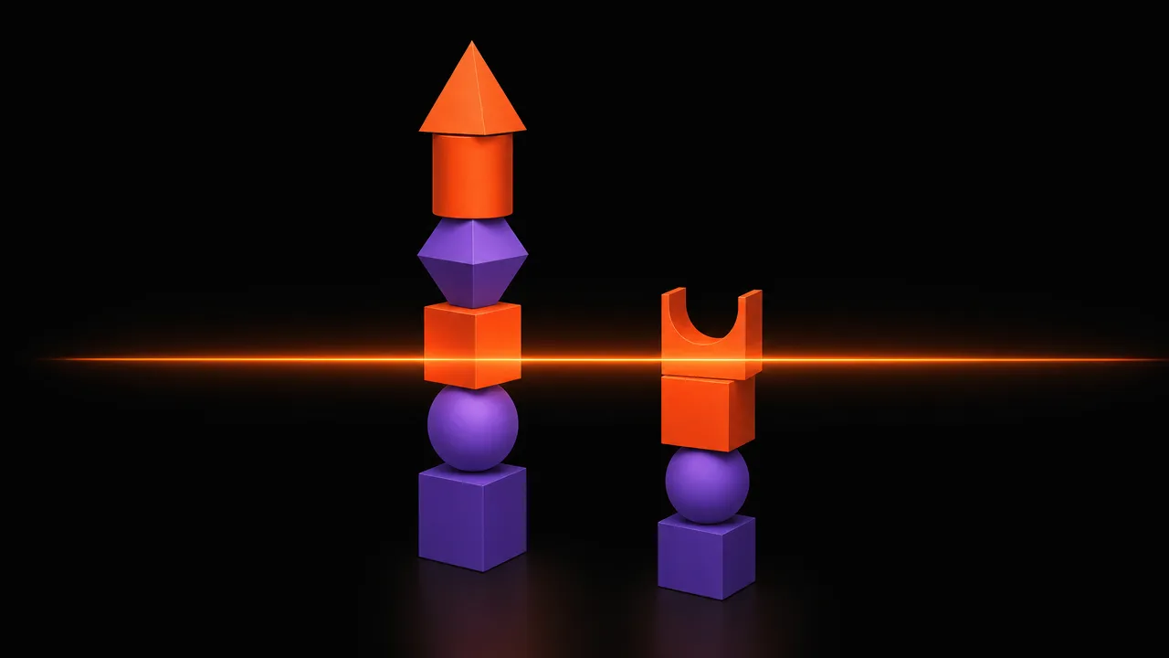 Abstract illustration of two parallel geometric columns representing different account structures with a luminous threshold between them
