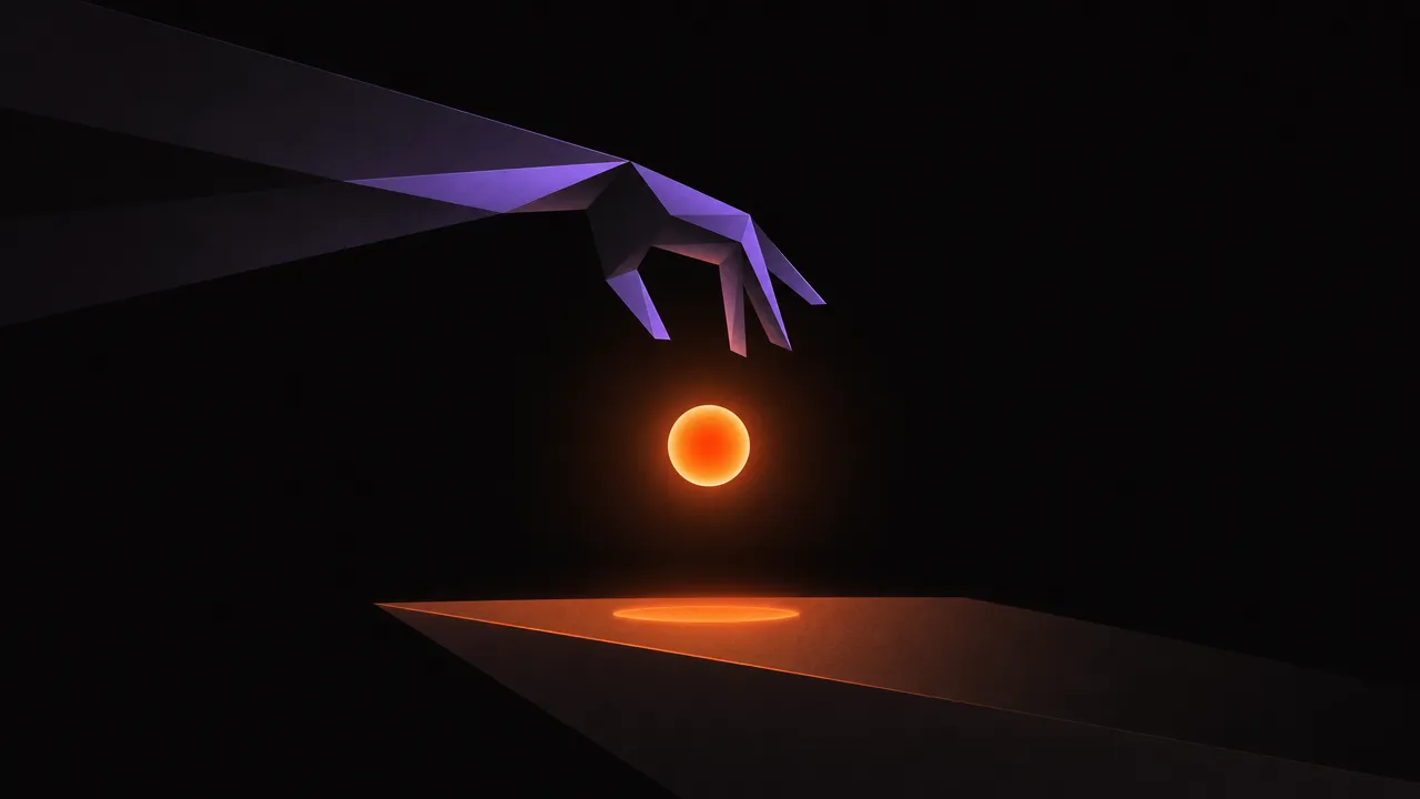 二枚の幾何学的な面の間に宙づりになった単一の光る球体の抽象的なイラスト。衝動と行動の間の意図的な一時停止を表している