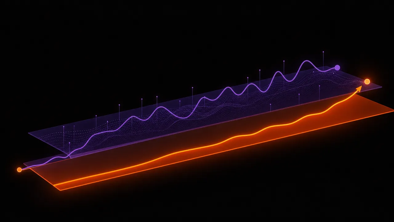 Abstract illustration of two overlapping translucent layers, the simpler thinner one glowing brighter than the complex structure above it, representing passive low-cost outperforming active high-cost
