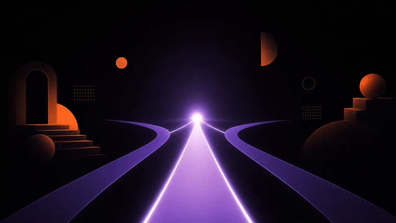 Abstract illustration of three diverging paths of light from a single glowing node, the center path wider and brighter, representing multiple options after a refusal