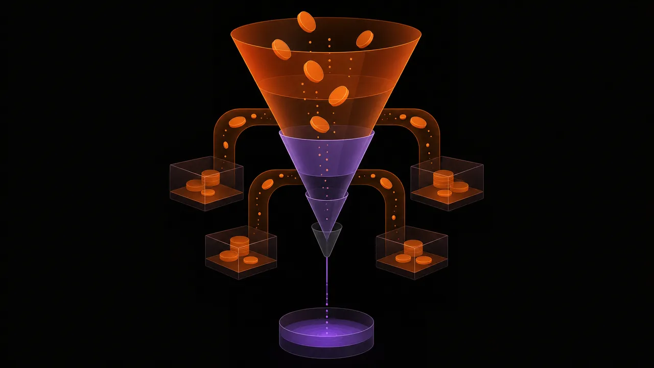 An abstract funnel showing how most early mortgage payments flow to interest, taxes, and insurance rather than equity