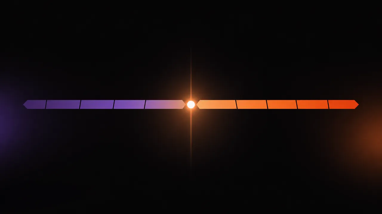 A geometric timeline bar with a glowing break-even point, illustrating the years required before buying costs fall below the equivalent renting costs