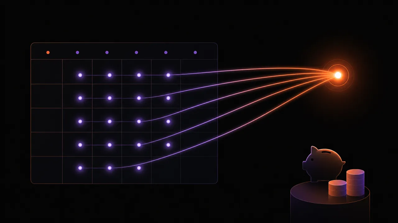 Abstract illustration of a calendar grid with evenly spaced glowing markers on future dates, a rising arc of light connecting monthly contributions toward a bright endpoint