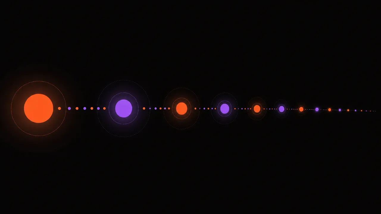 Abstract illustration of an evenly spaced rhythm of glowing marks moving forward