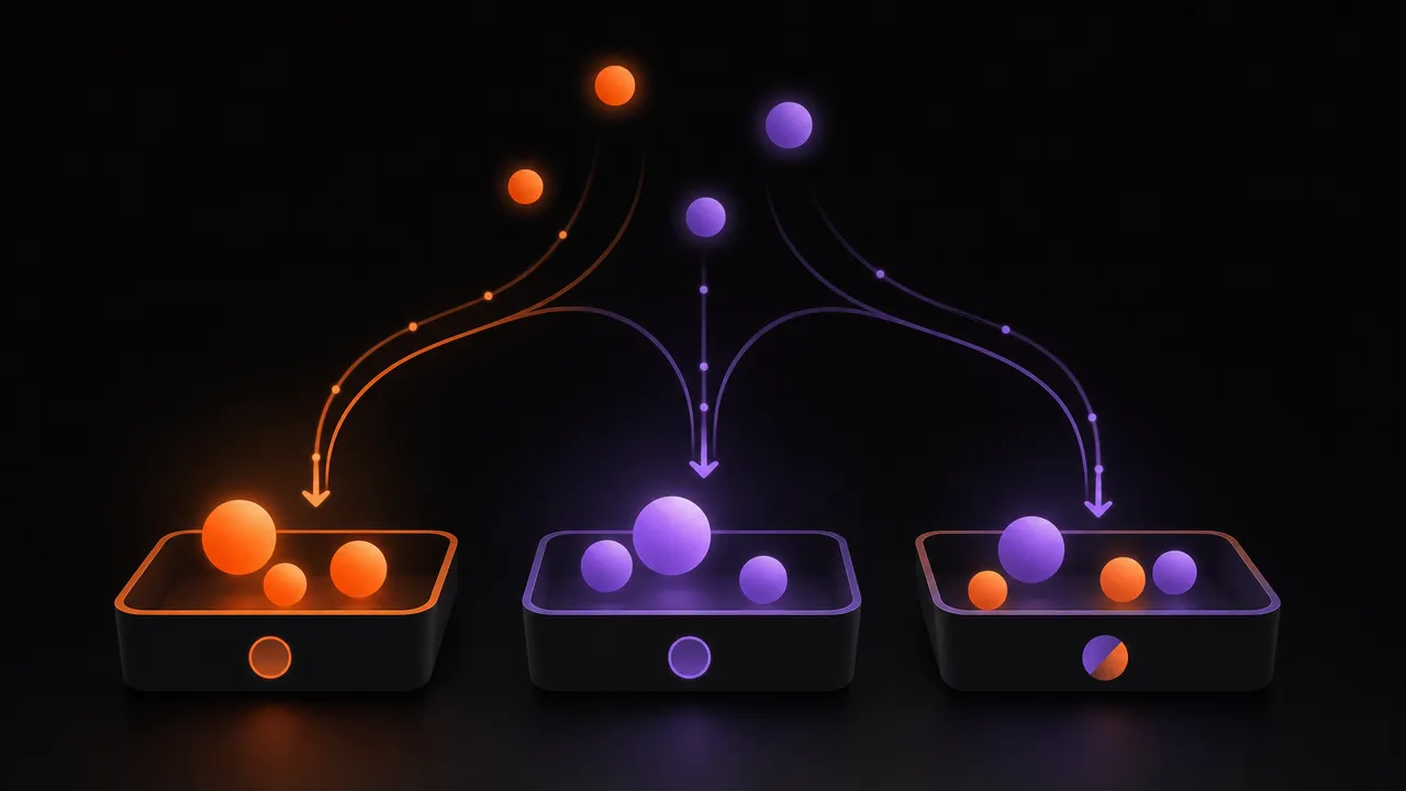 Abstract illustration of three sorting trays with glowing orbs being sorted into them