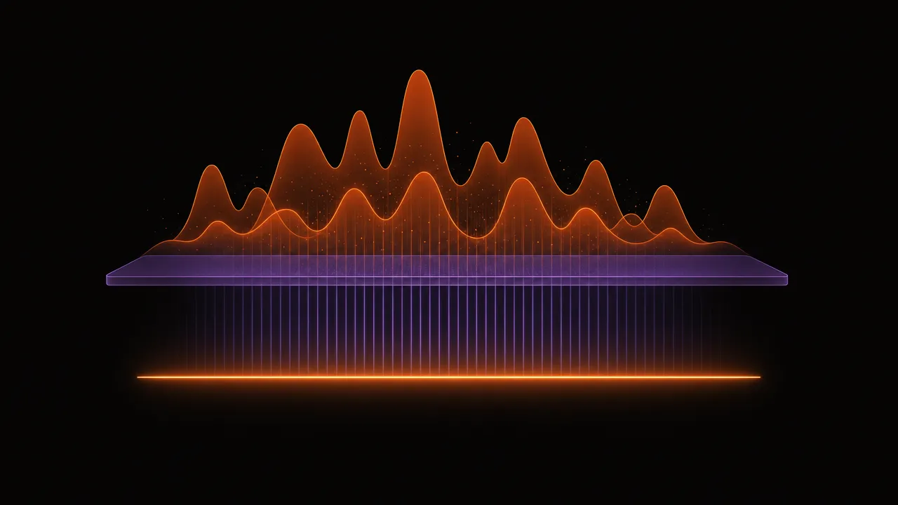 Abstract illustration of a wave of uneven luminous peaks in amber flowing into a translucent horizontal filter layer, emerging below as a perfectly level steady beam of light — variable irregular input stabilized into consistent output