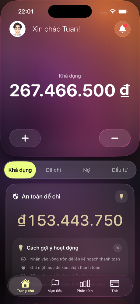 Màn hình Khả dụng của Moneux